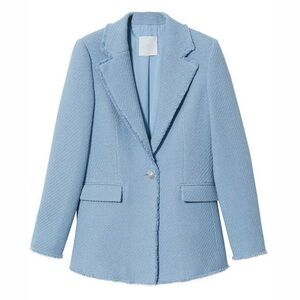 Mango Pale Blue Fringe-Trim Tweed Jacket